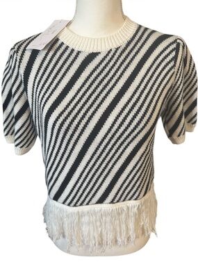 Knit Mix 🆕 Viscose Blend Puff Shoulder Fringe Short Sleeve Sweater NWT Sz Med